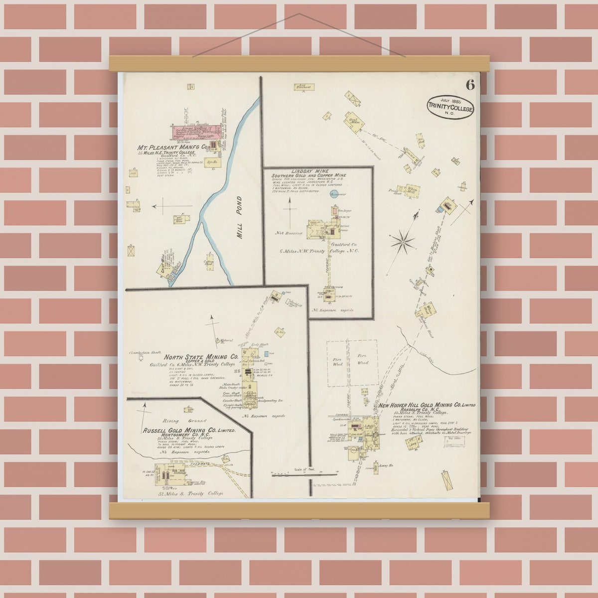 Old map wall art mockup — magnetic wood frame on brick wall — Sanborn Fire Insurance Map from Trinity College, Randolph County, North Carolina (1885), Sheet #0006