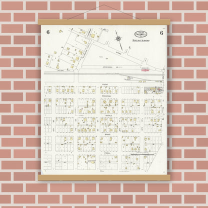 Old map wall art mockup — magnetic wood frame on brick wall — Sanborn Fire Insurance Map from Caldwell, Burleson County, Texas (1925), Sheet #0006