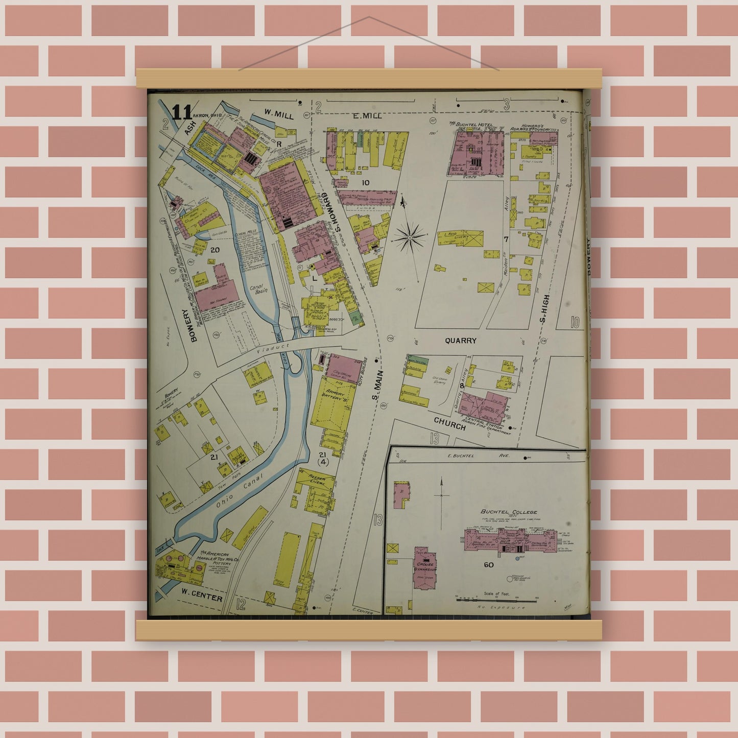 Old map wall art mockup — magnetic wood frame on brick wall — Sanborn Fire Insurance Map from Akron, Summit County, Ohio (1892), Sheet #0011