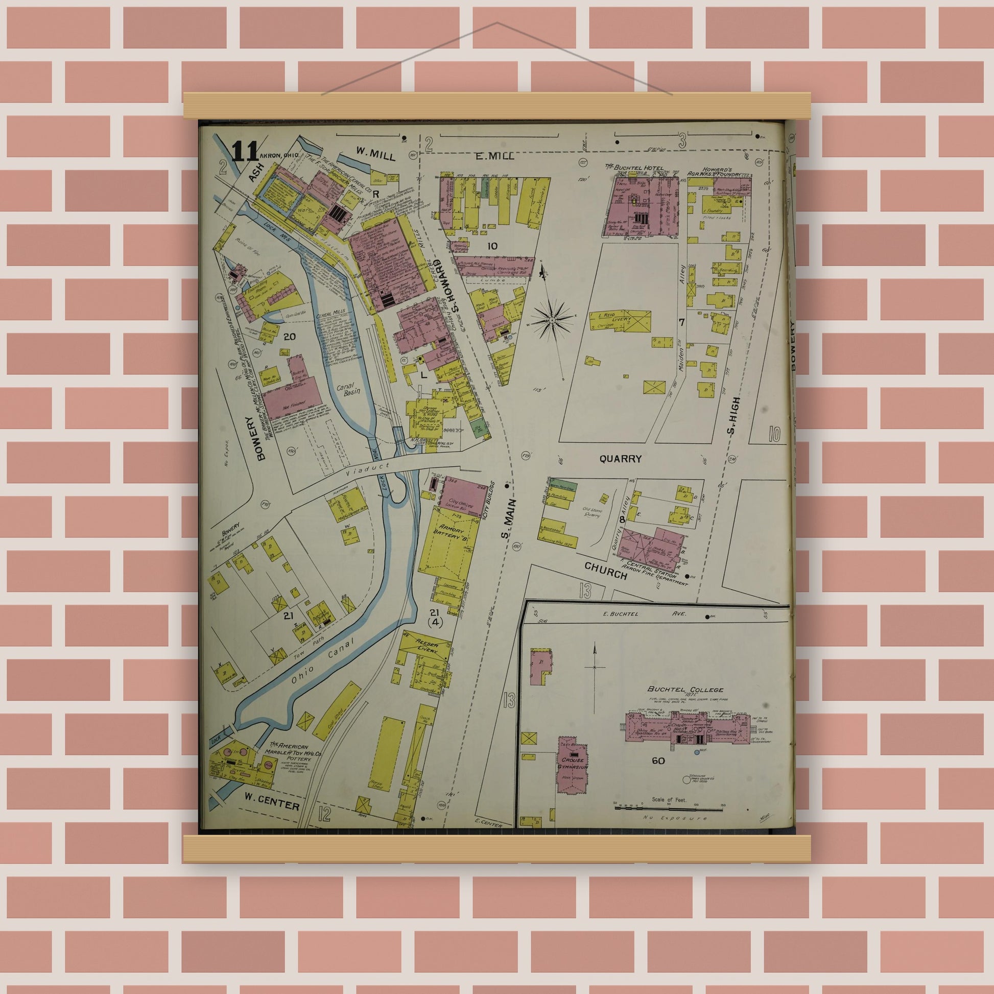 Old map wall art mockup — magnetic wood frame on brick wall — Sanborn Fire Insurance Map from Akron, Summit County, Ohio (1892), Sheet #0011