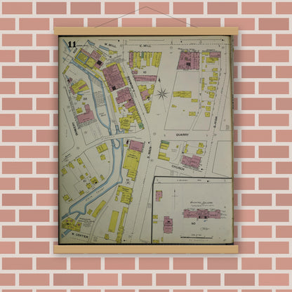 Old map wall art mockup — magnetic wood frame on brick wall — Sanborn Fire Insurance Map from Akron, Summit County, Ohio (1892), Sheet #0011