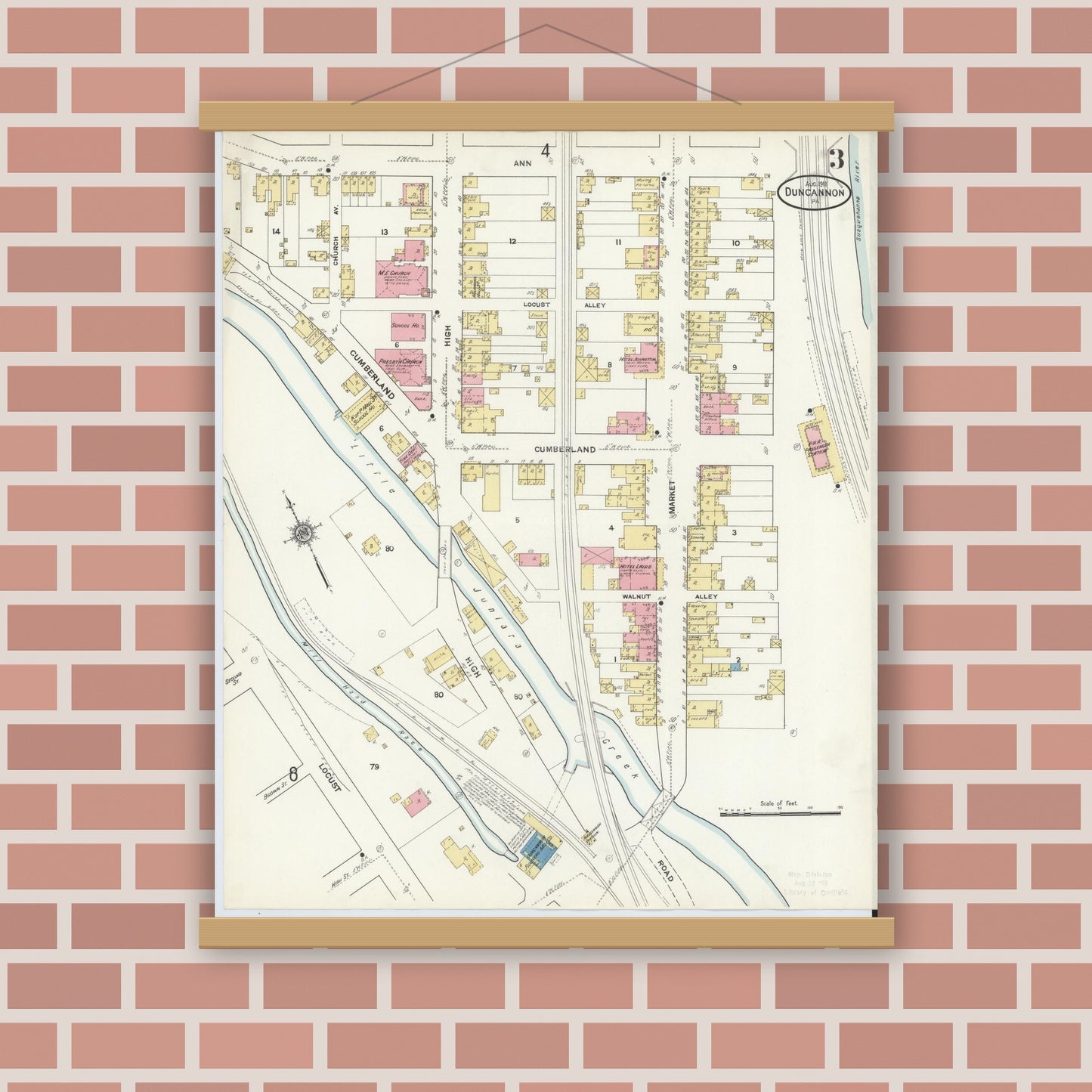 Old map wall art mockup — magnetic wood frame on brick wall — Sanborn Fire Insurance Map from Duncannon, Perry County, Pennsylvania (1911), Sheet #0003