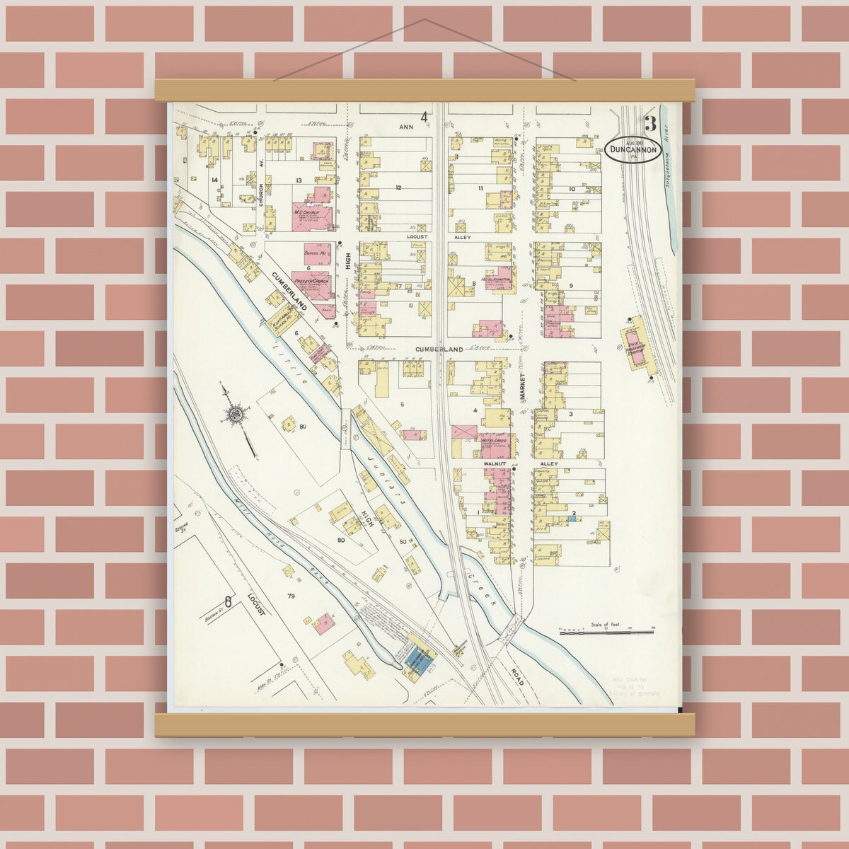Old map wall art mockup — magnetic wood frame on brick wall — Sanborn Fire Insurance Map from Duncannon, Perry County, Pennsylvania (1911), Sheet #0003