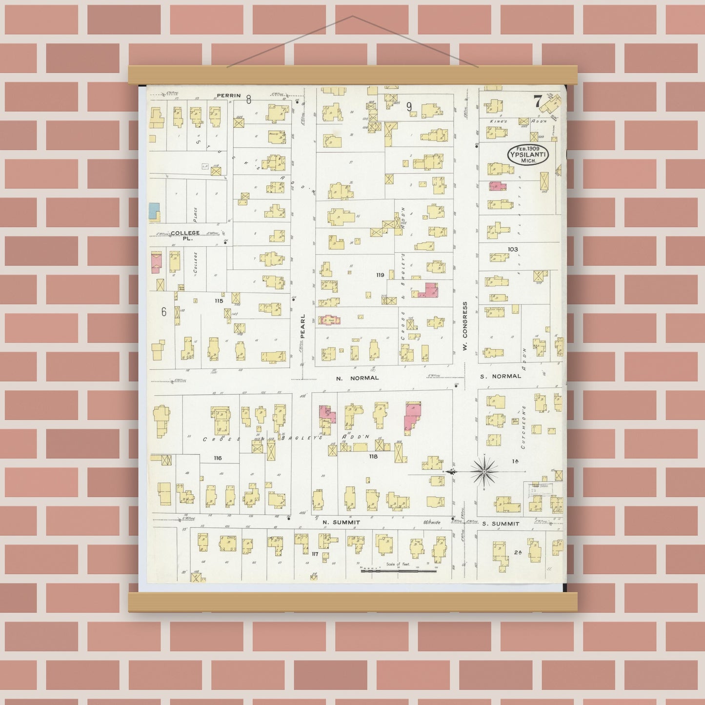 Old map wall art mockup — magnetic wood frame on brick wall — Sanborn Fire Insurance Map from Ypsilanti, Washtenaw County, Michigan (1909), Sheet #0007