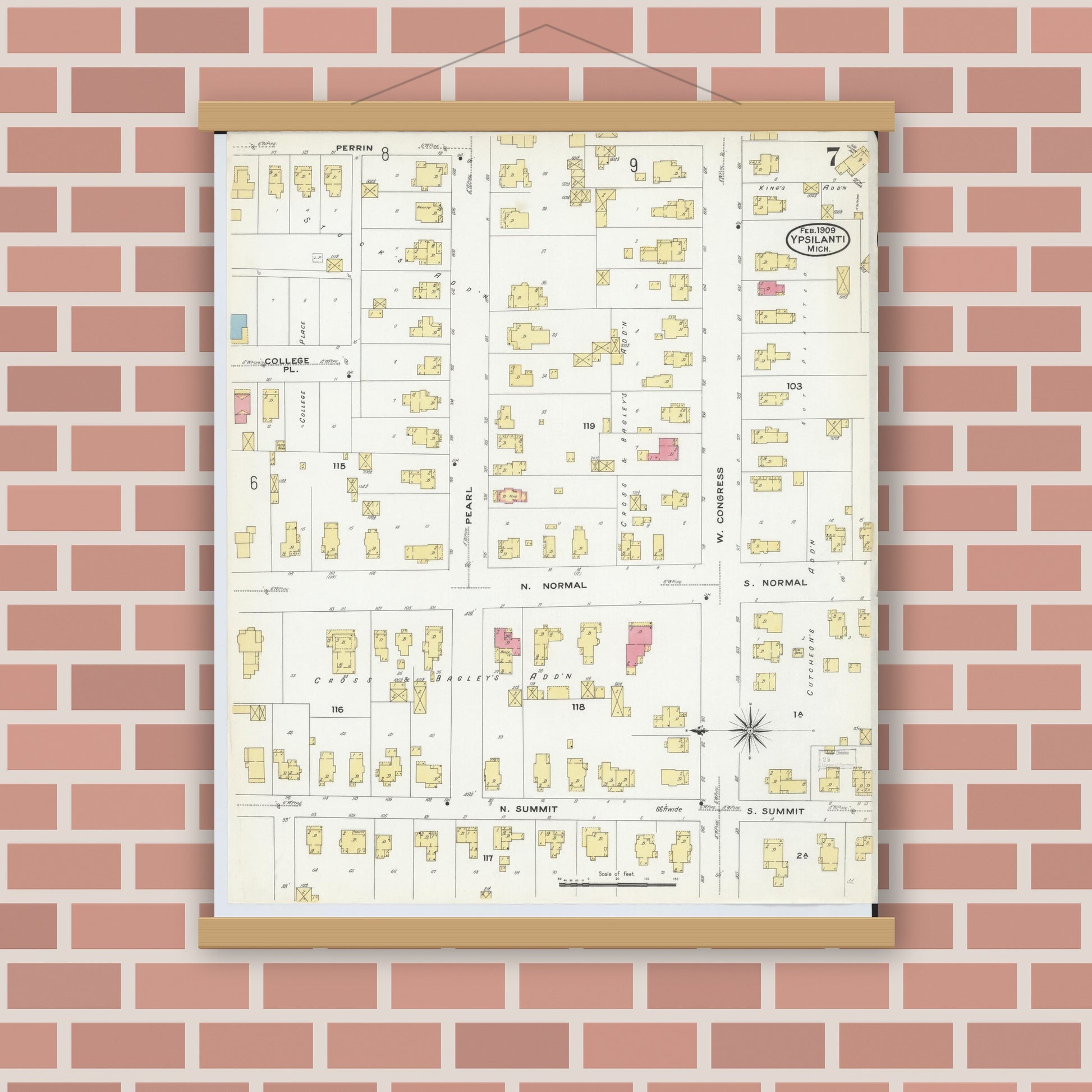 Old map wall art mockup — magnetic wood frame on brick wall — Sanborn Fire Insurance Map from Ypsilanti, Washtenaw County, Michigan (1909), Sheet #0007