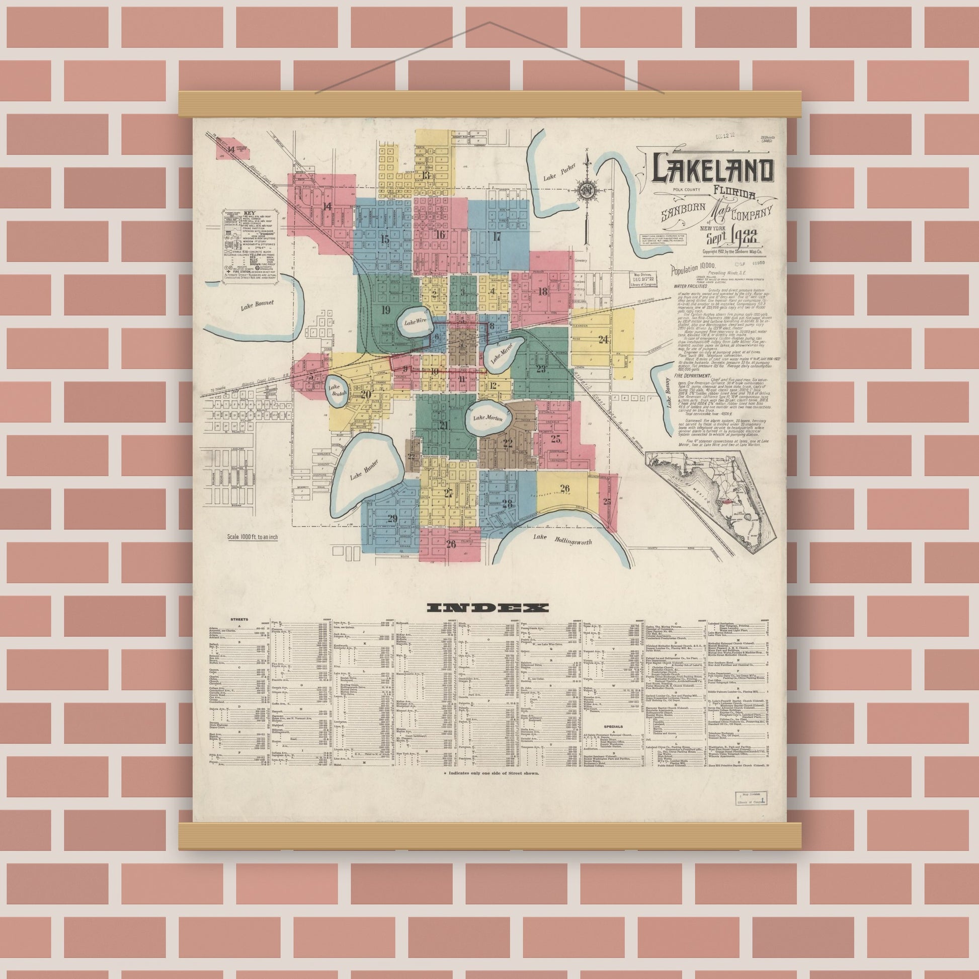 Old map wall art mockup — magnetic wood frame on brick wall — Sanborn Fire Insurance Map from Lakeland, Polk County, Florida (1922) - Complete Map Set