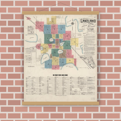 Old map wall art mockup — magnetic wood frame on brick wall — Sanborn Fire Insurance Map from Lakeland, Polk County, Florida (1922) - Complete Map Set