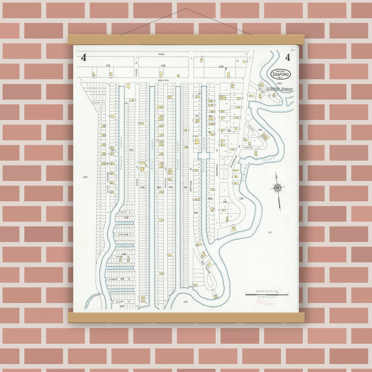 Old map wall art mockup — magnetic wood frame on brick wall — Sanborn Fire Insurance Map from Seaford, Nassau County, New York (1927), Sheet #0004