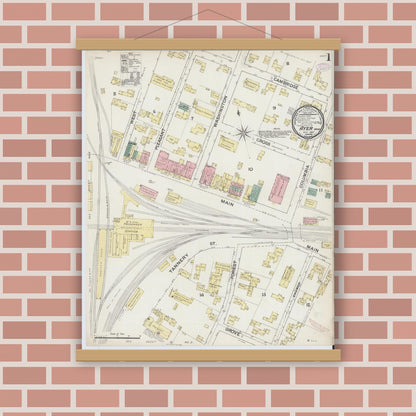 Old map wall art mockup — magnetic wood frame on brick wall — Sanborn Fire Insurance Map from Ayer, Middlesex County, Massachusetts (1887) - Complete Map Set
