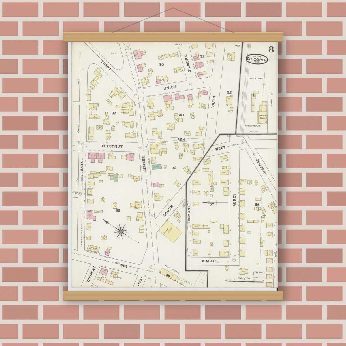 Old map wall art mockup — magnetic wood frame on brick wall — Sanborn Fire Insurance Map from Chicopee, Hampden County, Massachusetts (1891), Sheet #0008