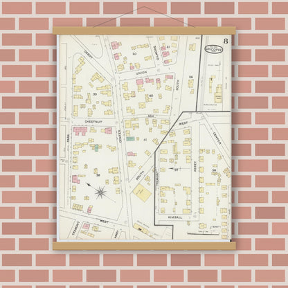 Old map wall art mockup — magnetic wood frame on brick wall — Sanborn Fire Insurance Map from Chicopee, Hampden County, Massachusetts (1891), Sheet #0008