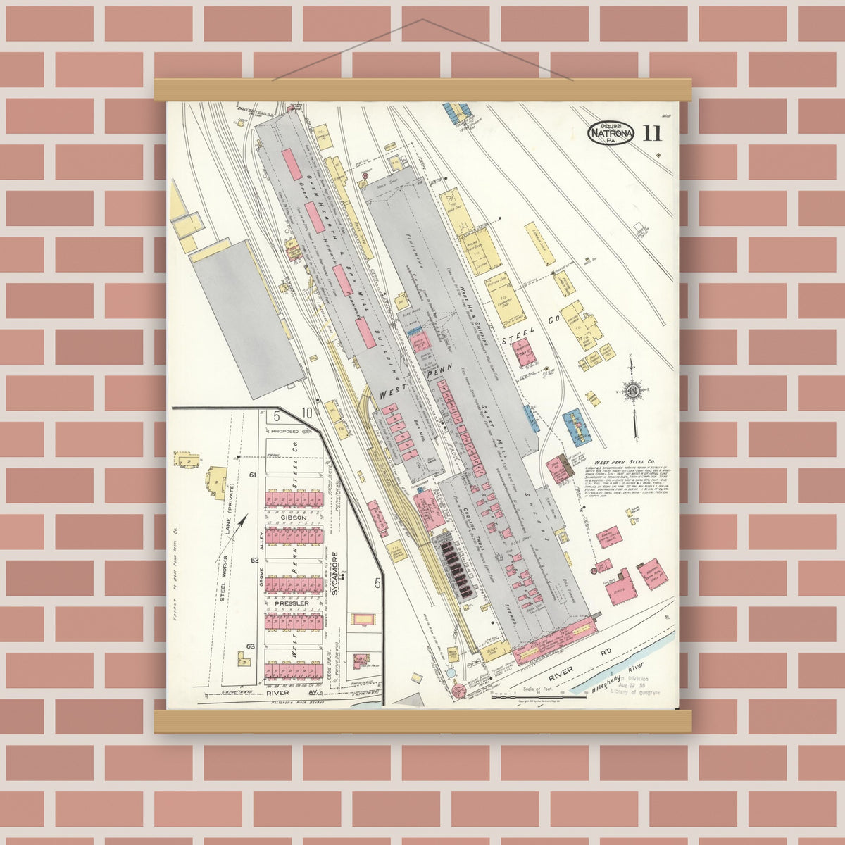 Old map wall art mockup — magnetic wood frame on brick wall — Sanborn Fire Insurance Map from Natrona, Allegheny County, Pennsylvania (1921), Sheet #0011
