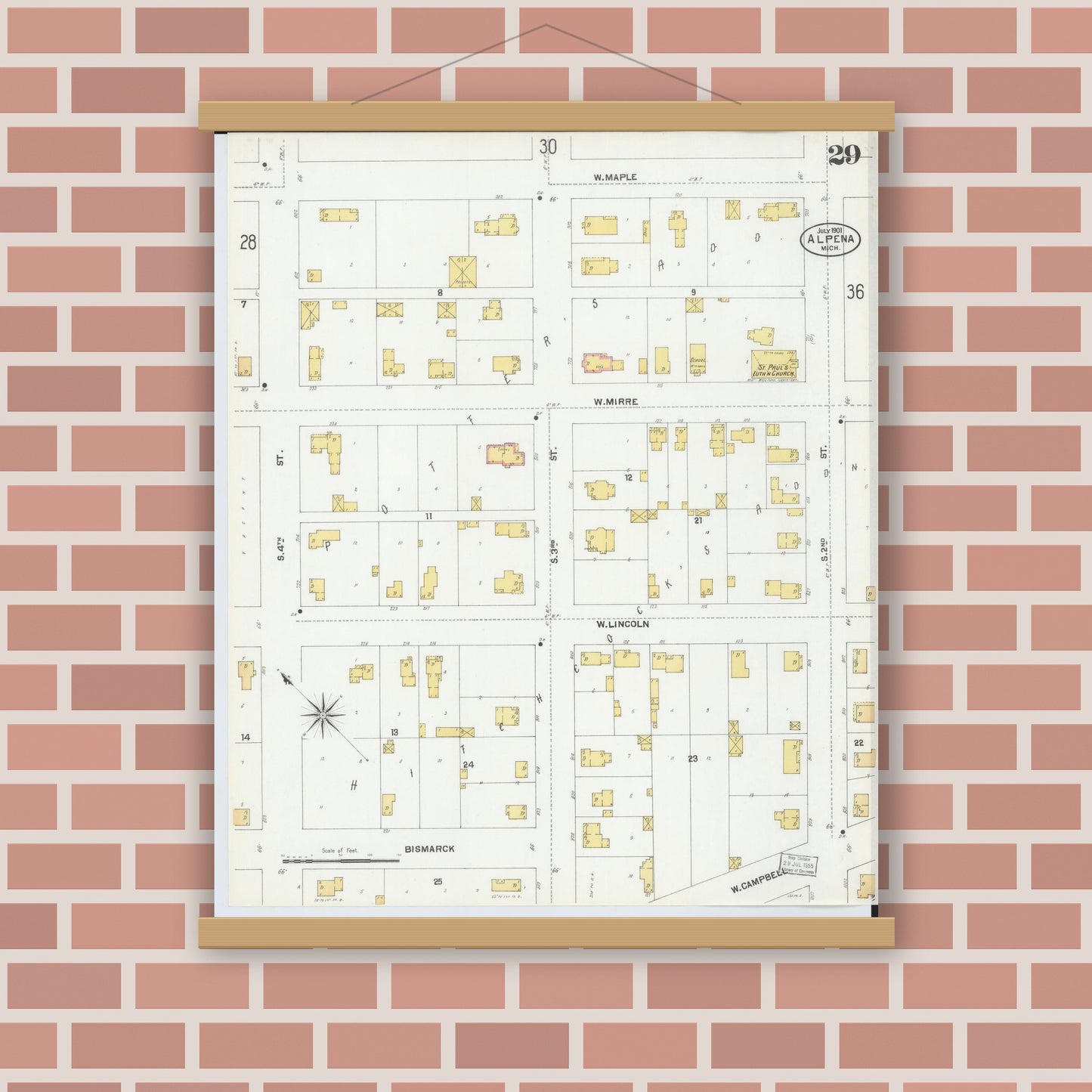 Old map wall art mockup — magnetic wood frame on brick wall — Sanborn Fire Insurance Map from Alpena, Alpena County, Michigan (1901), Sheet #0029
