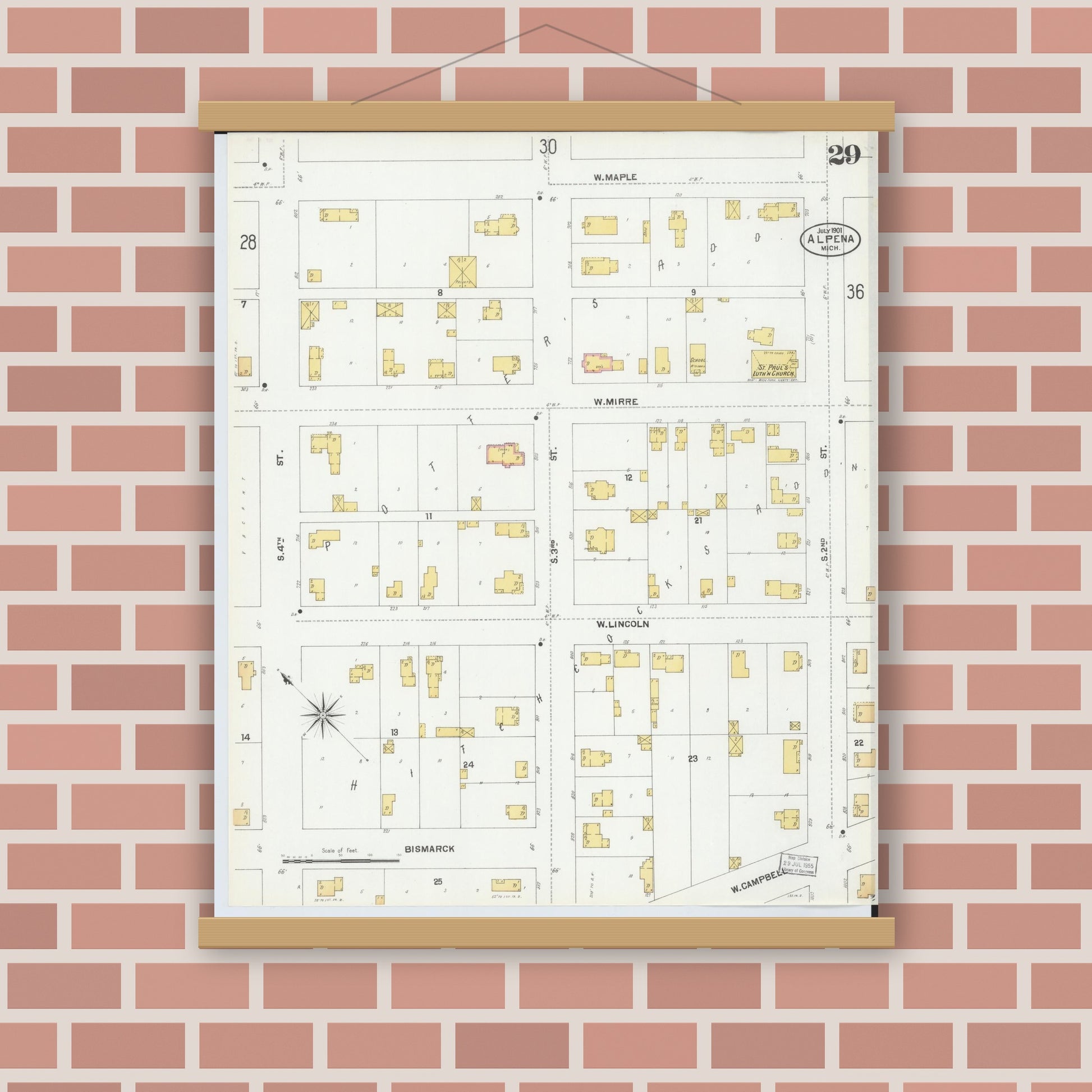 Old map wall art mockup — magnetic wood frame on brick wall — Sanborn Fire Insurance Map from Alpena, Alpena County, Michigan (1901), Sheet #0029