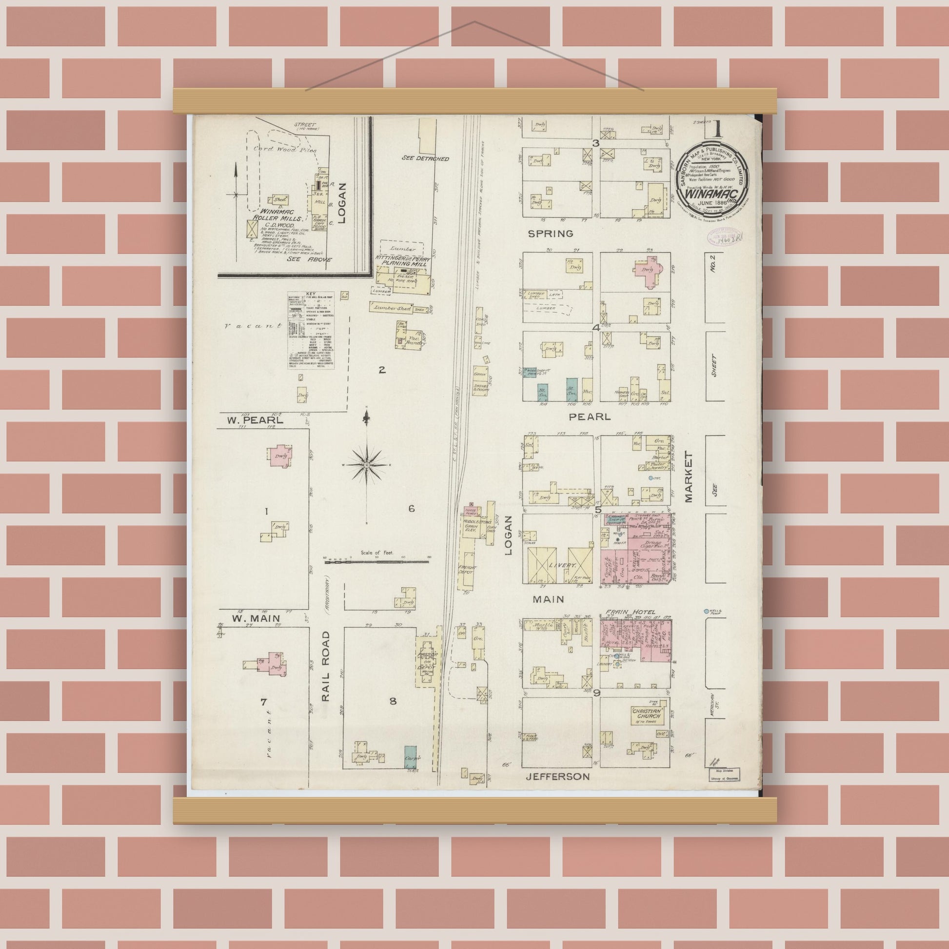 Old map wall art mockup — magnetic wood frame on brick wall — Sanborn Fire Insurance Map from Winamac, Pulaski County, Indiana (1886), Sheet #0001