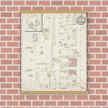Old map wall art mockup — magnetic wood frame on brick wall — Sanborn Fire Insurance Map from Winamac, Pulaski County, Indiana (1886), Sheet #0001