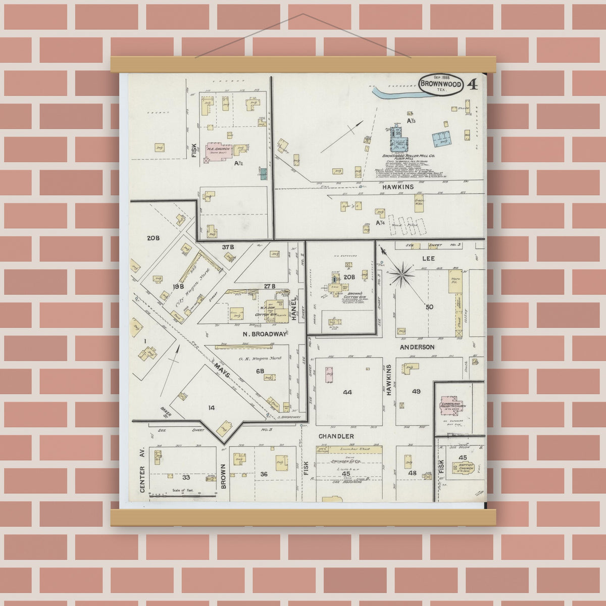 Old map wall art mockup — magnetic wood frame on brick wall — Sanborn Fire Insurance Map from Brownwood, Brown County, Texas (1888), Sheet #0004