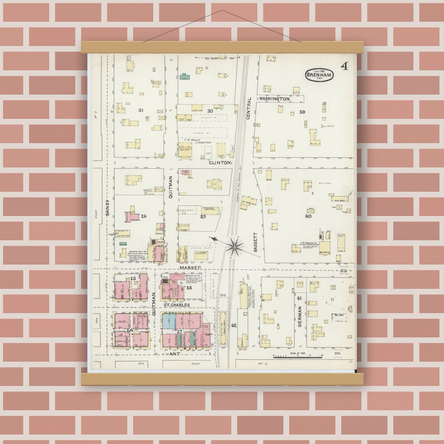 Old map wall art mockup — magnetic wood frame on brick wall — Sanborn Fire Insurance Map from Brenham, Washington County, Texas (1891), Sheet #0004