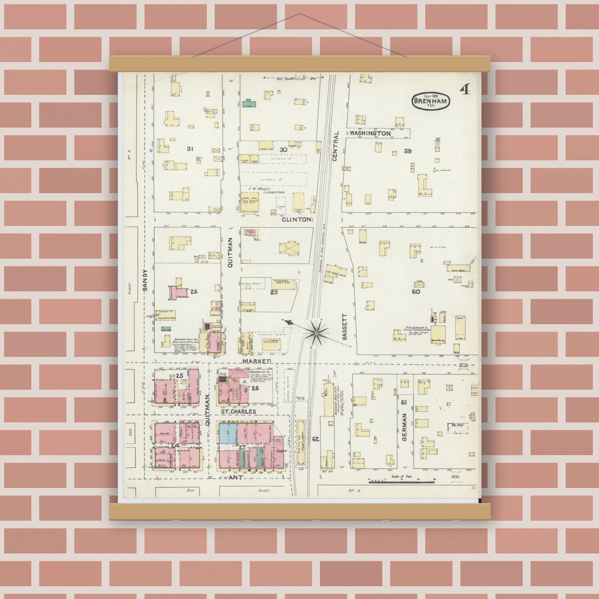 Old map wall art mockup — magnetic wood frame on brick wall — Sanborn Fire Insurance Map from Brenham, Washington County, Texas (1891), Sheet #0004