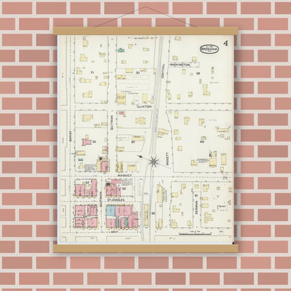 Old map wall art mockup — magnetic wood frame on brick wall — Sanborn Fire Insurance Map from Brenham, Washington County, Texas (1891), Sheet #0004