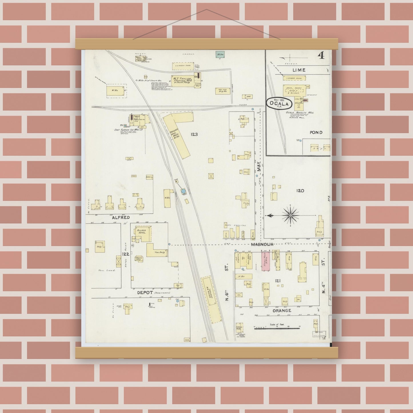 Old map wall art mockup — magnetic wood frame on brick wall — Sanborn Fire Insurance Map from Ocala, Marion County, Florida (1891), Sheet #0004