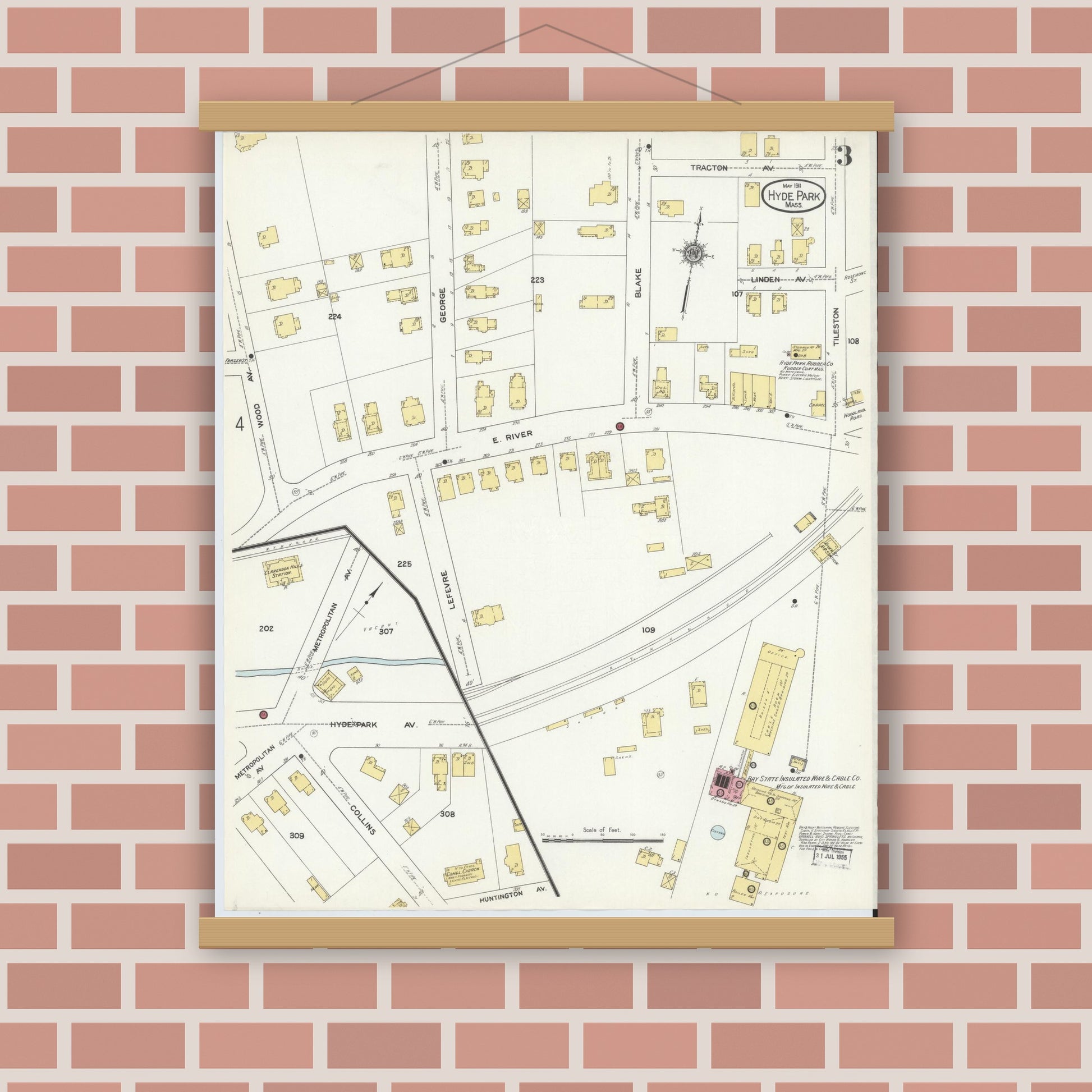 Old map wall art mockup — magnetic wood frame on brick wall — Sanborn Fire Insurance Map from Hyde Park, Norfolk County, Massachusetts (1911), Sheet #0003