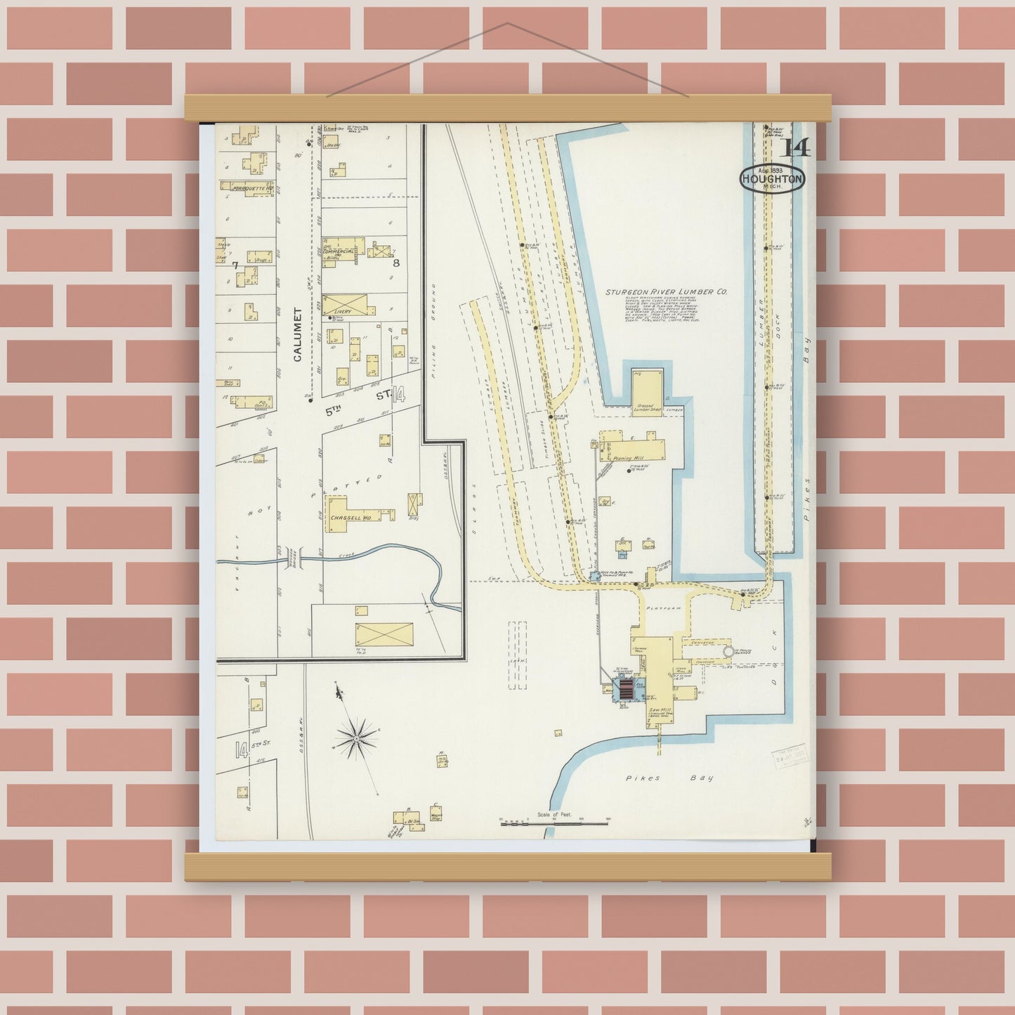 Old map wall art mockup — magnetic wood frame on brick wall — Sanborn Fire Insurance Map from Houghton, Houghton County, Michigan (1893), Sheet #0014