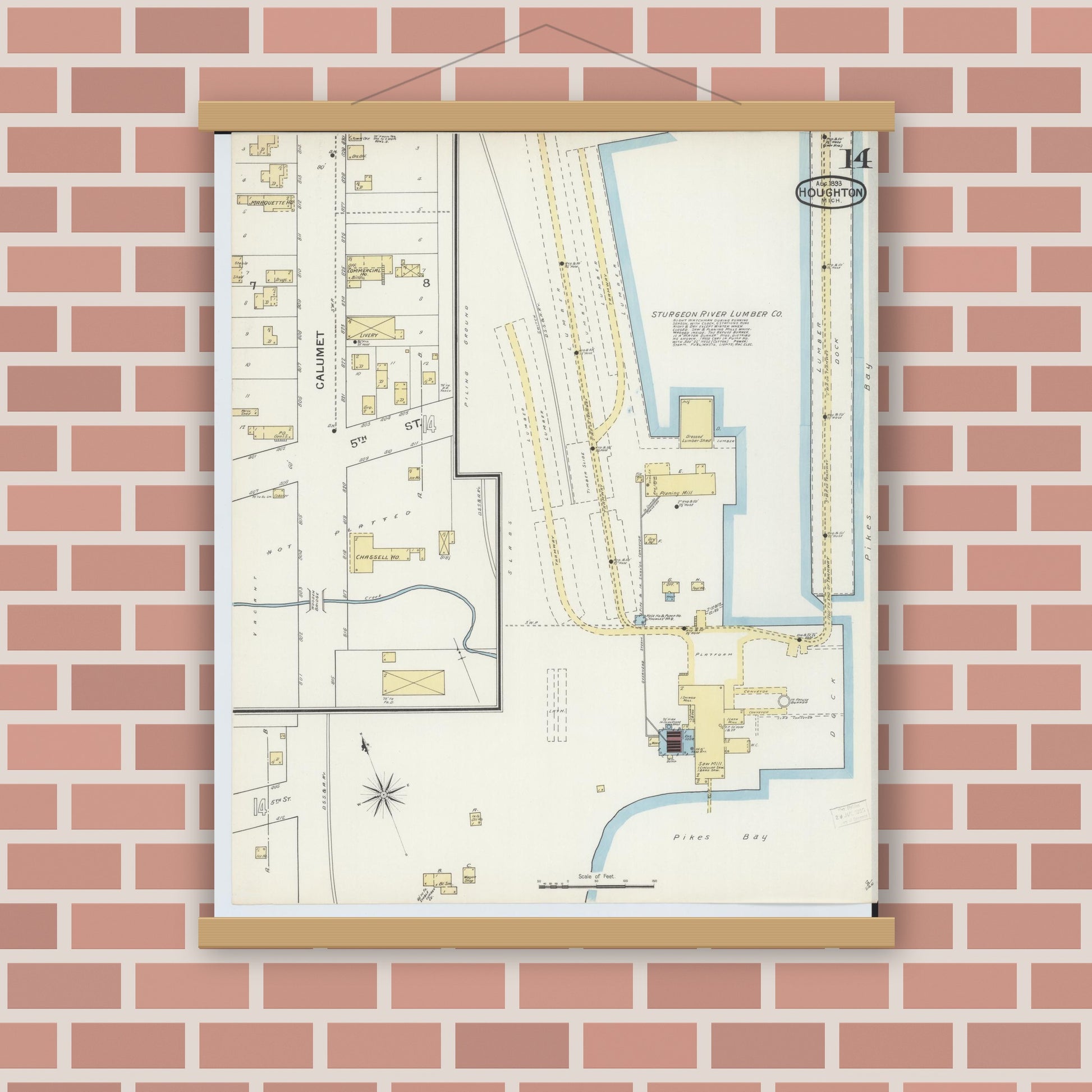 Old map wall art mockup — magnetic wood frame on brick wall — Sanborn Fire Insurance Map from Houghton, Houghton County, Michigan (1893), Sheet #0014