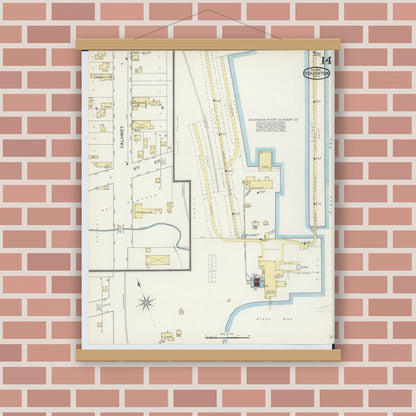 Old map wall art mockup — magnetic wood frame on brick wall — Sanborn Fire Insurance Map from Houghton, Houghton County, Michigan (1893), Sheet #0014