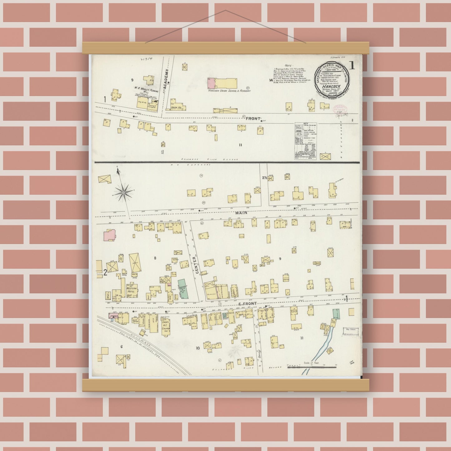 Old map wall art mockup — magnetic wood frame on brick wall — Sanborn Fire Insurance Map from Hancock, Delaware County, New York (1897) - Complete Map Set