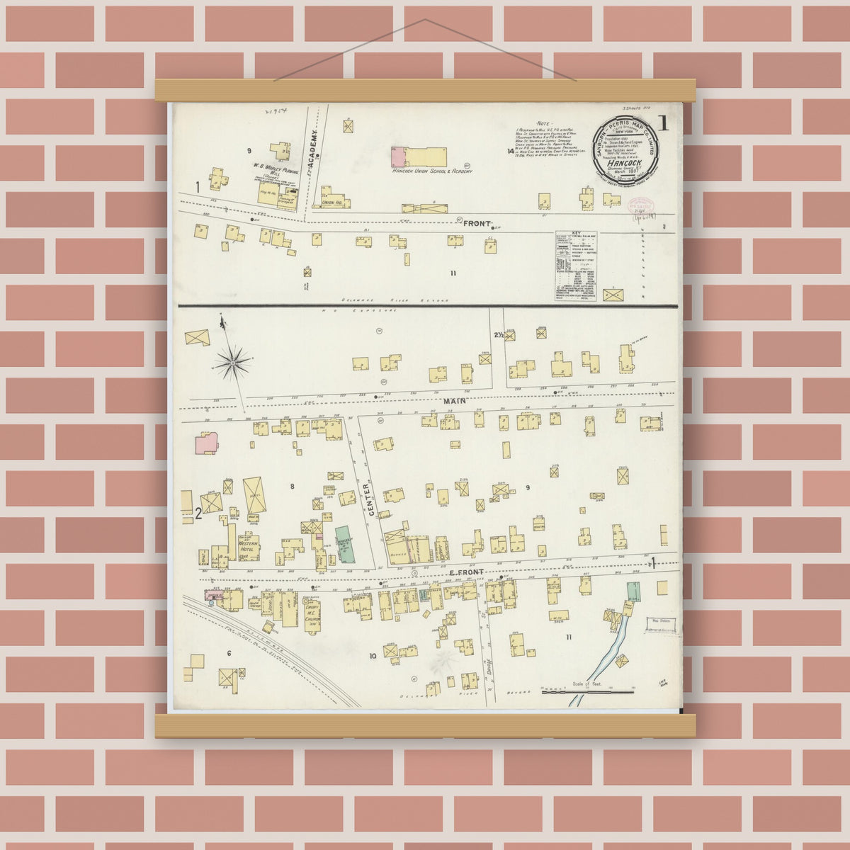 Old map wall art mockup — magnetic wood frame on brick wall — Sanborn Fire Insurance Map from Hancock, Delaware County, New York (1897) - Complete Map Set