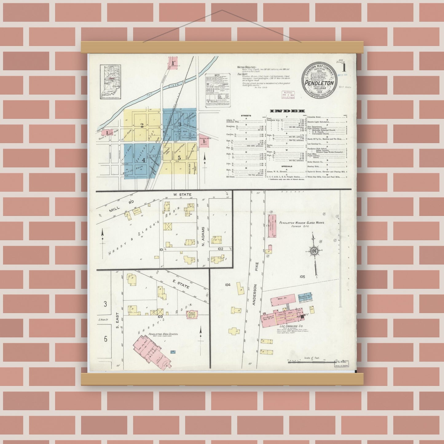 Old map wall art mockup — magnetic wood frame on brick wall — Sanborn Fire Insurance Map from Pendleton, Madison County, Indiana (1914) - Complete Map Set
