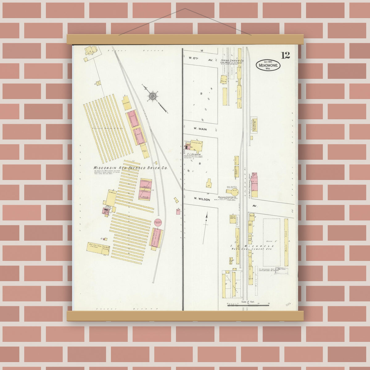 Old map wall art mockup — magnetic wood frame on brick wall — Sanborn Fire Insurance Map from Menomonie, Dunn County, Wisconsin (1910), Sheet #0012