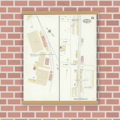 Old map wall art mockup — magnetic wood frame on brick wall — Sanborn Fire Insurance Map from Menomonie, Dunn County, Wisconsin (1910), Sheet #0012