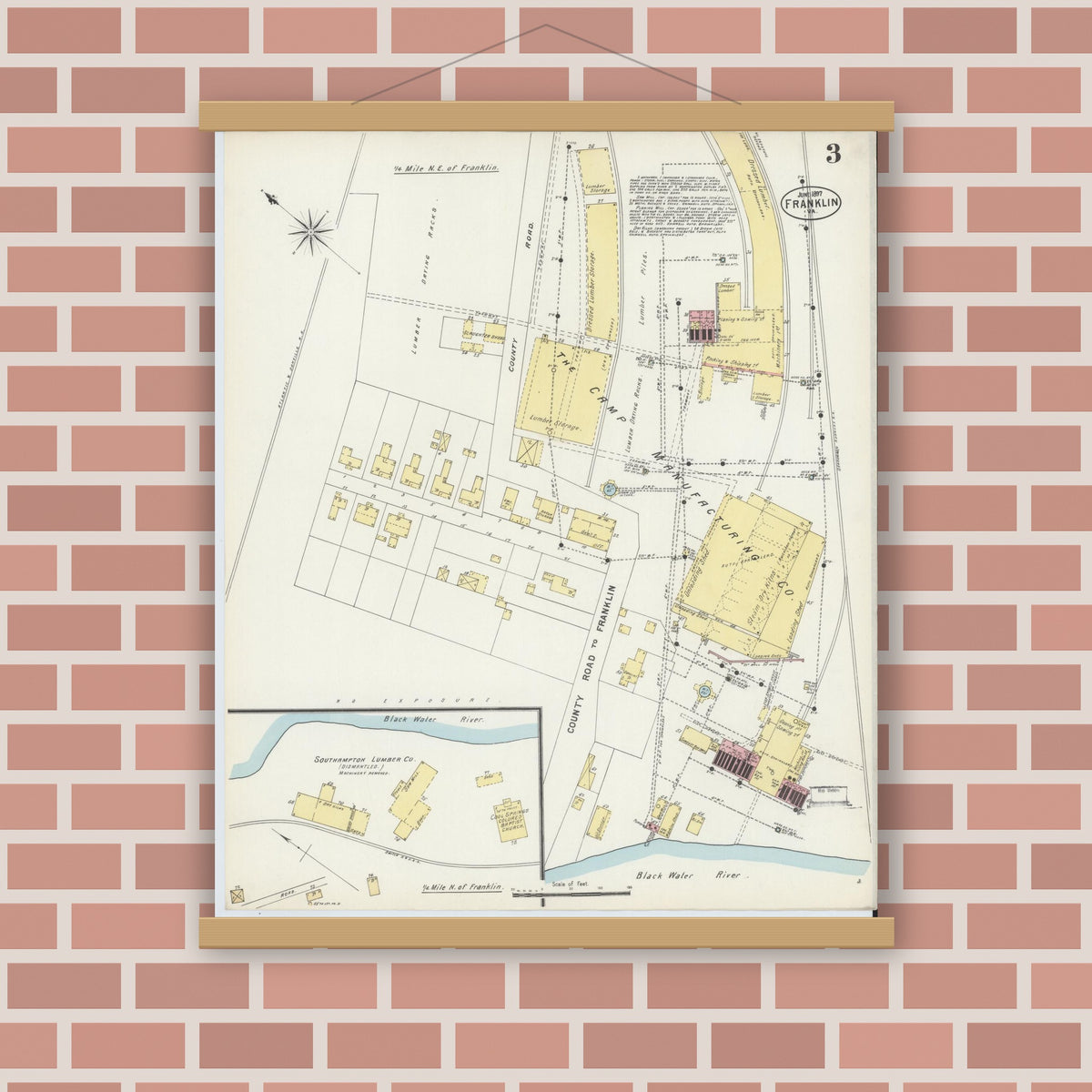 Old map wall art mockup — magnetic wood frame on brick wall — Sanborn Fire Insurance Map from Franklin, Independent Cities, Virginia (1897), Sheet #0003