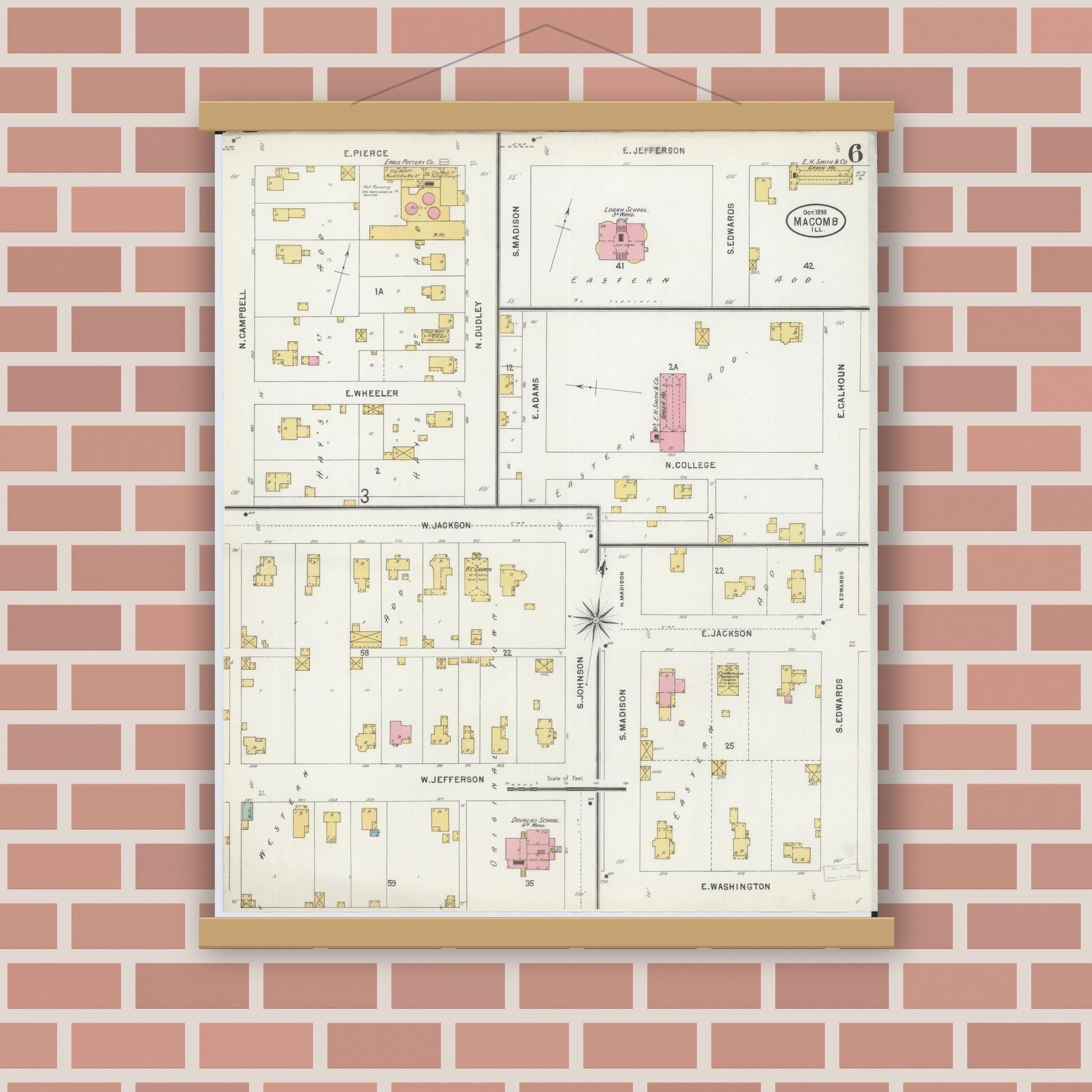 Old map wall art mockup — magnetic wood frame on brick wall — Sanborn Fire Insurance Map from Macomb, Mcdonough County, Illinois (1898), Sheet #0006