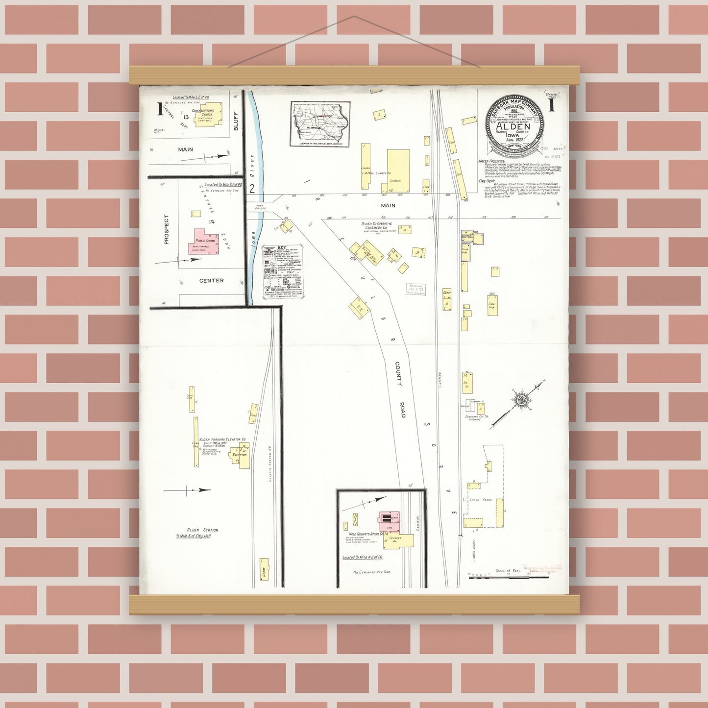 Old map wall art mockup — magnetic wood frame on brick wall — Sanborn Fire Insurance Map from Alden, Hardin County, Iowa (1923), Sheet #0001
