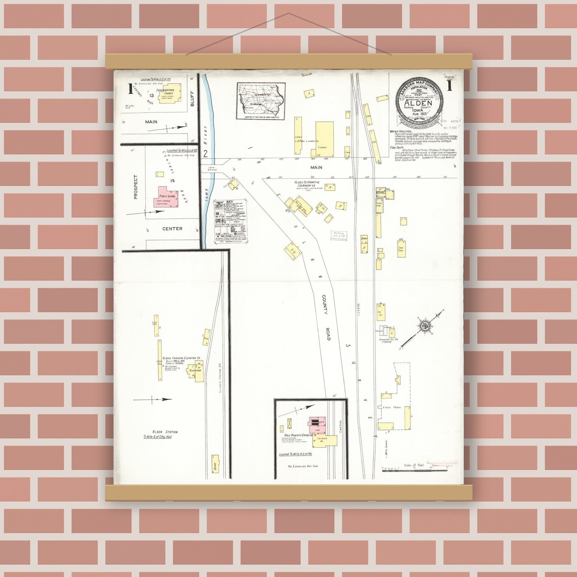 Old map wall art mockup — magnetic wood frame on brick wall — Sanborn Fire Insurance Map from Alden, Hardin County, Iowa (1923), Sheet #0001