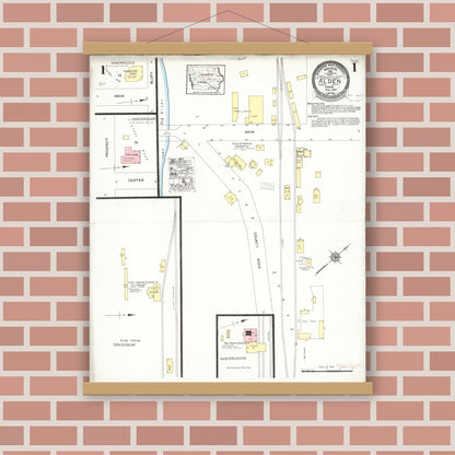 Old map wall art mockup — magnetic wood frame on brick wall — Sanborn Fire Insurance Map from Alden, Hardin County, Iowa (1923), Sheet #0001