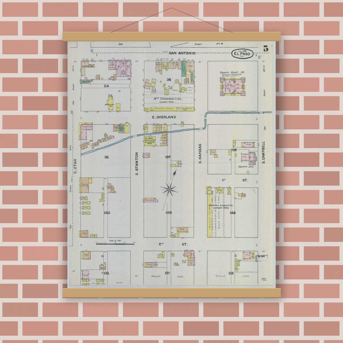 Old map wall art mockup — magnetic wood frame on brick wall — Sanborn Fire Insurance Map from El Paso, El Paso County, Texas (1888), Sheet #0005