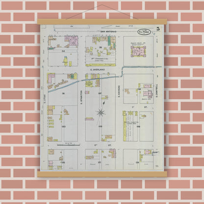 Old map wall art mockup — magnetic wood frame on brick wall — Sanborn Fire Insurance Map from El Paso, El Paso County, Texas (1888), Sheet #0005
