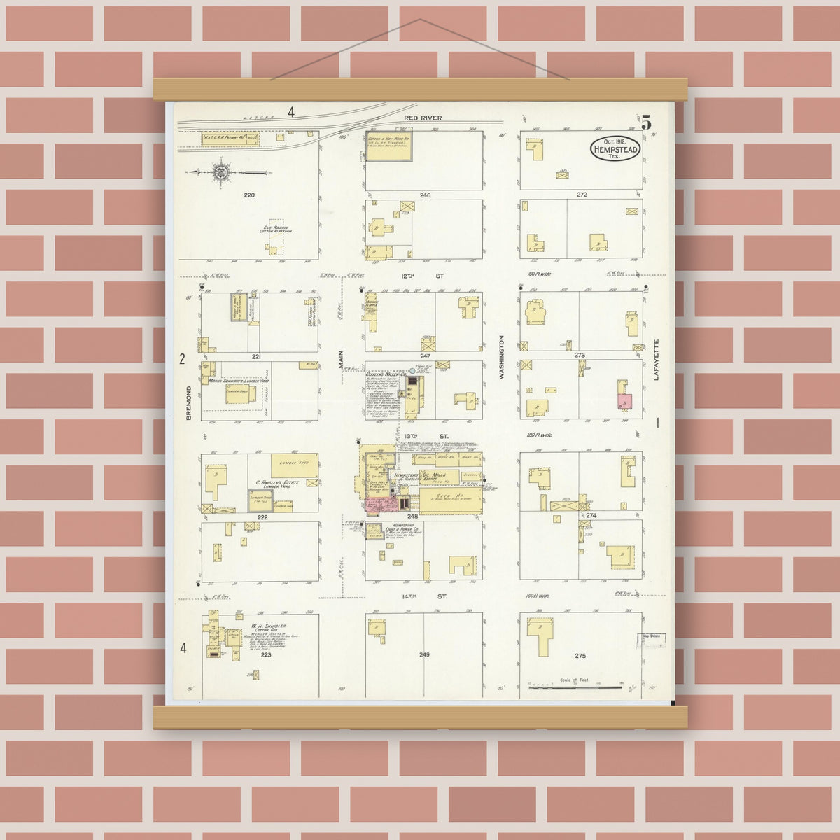 Old map wall art mockup — magnetic wood frame on brick wall — Sanborn Fire Insurance Map from Hempstead, Waller County, Texas (1912), Sheet #0005