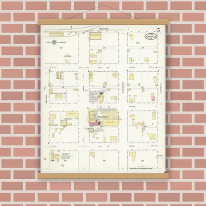Old map wall art mockup — magnetic wood frame on brick wall — Sanborn Fire Insurance Map from Hempstead, Waller County, Texas (1912), Sheet #0005