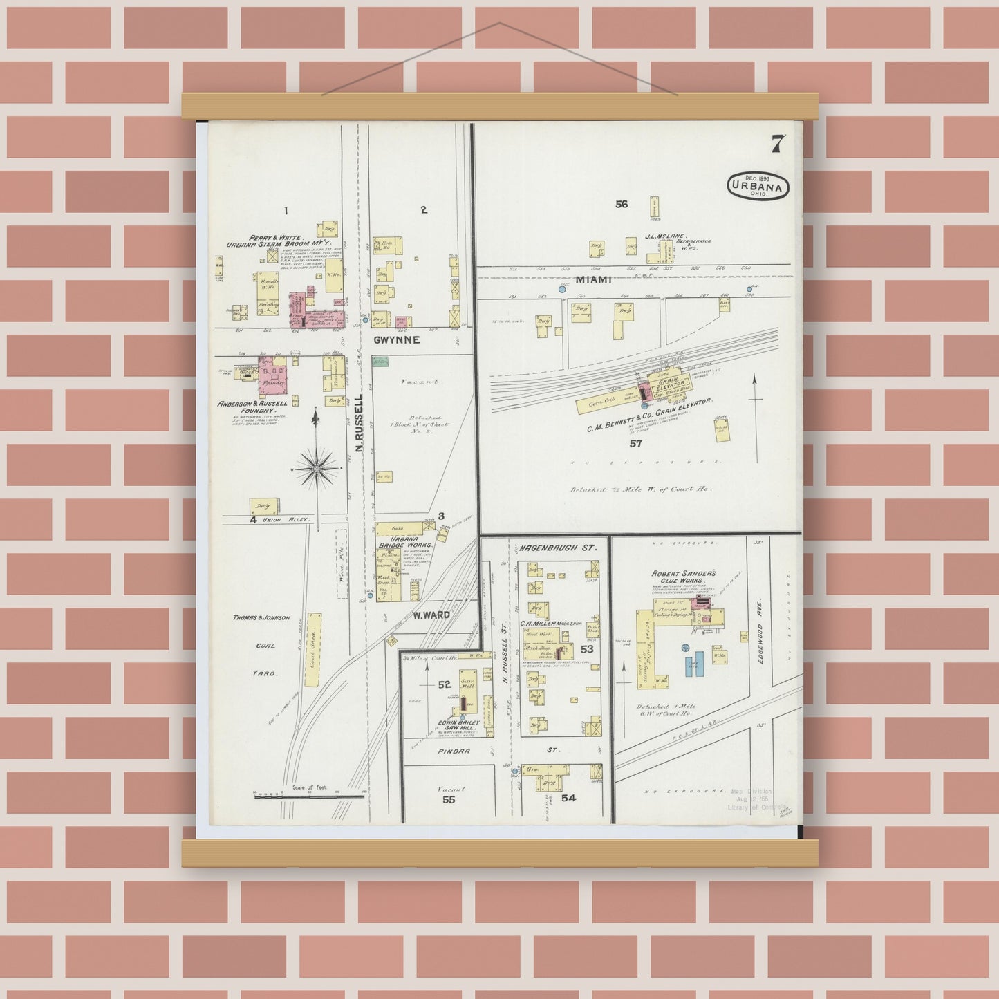 Old map wall art mockup — magnetic wood frame on brick wall — Sanborn Fire Insurance Map from Urbana, Champaign County, Ohio (1890), Sheet #0007