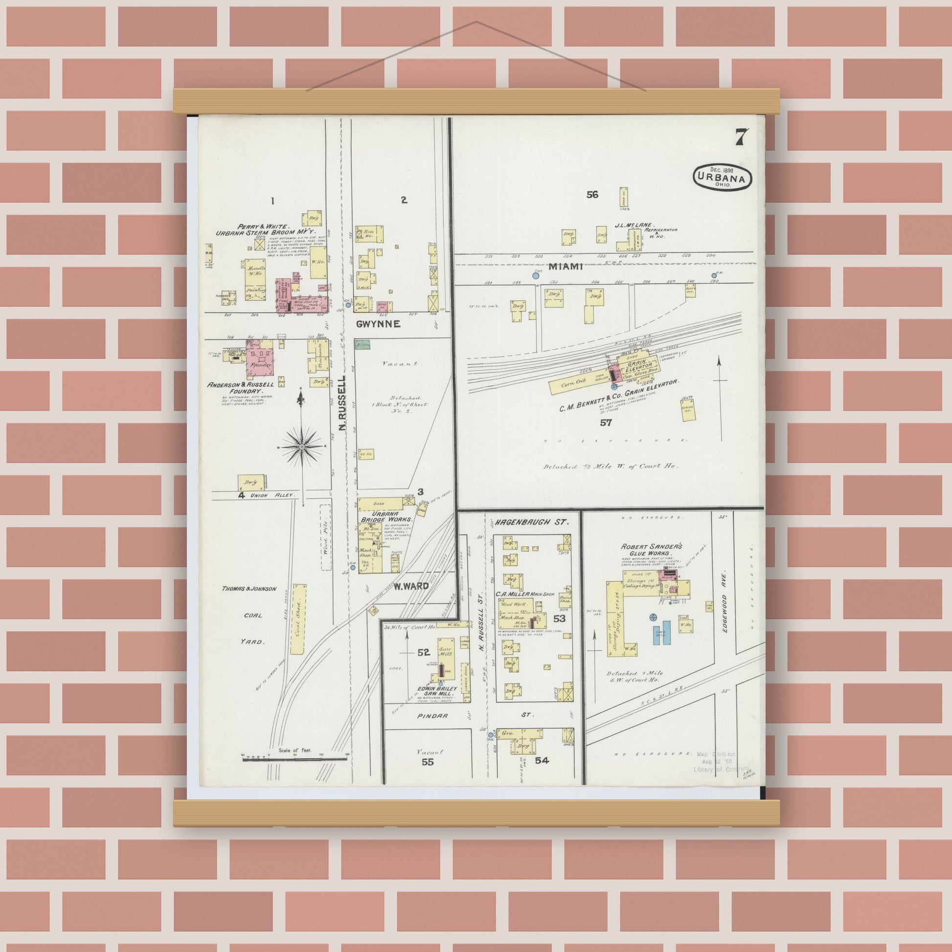 Old map wall art mockup — magnetic wood frame on brick wall — Sanborn Fire Insurance Map from Urbana, Champaign County, Ohio (1890), Sheet #0007