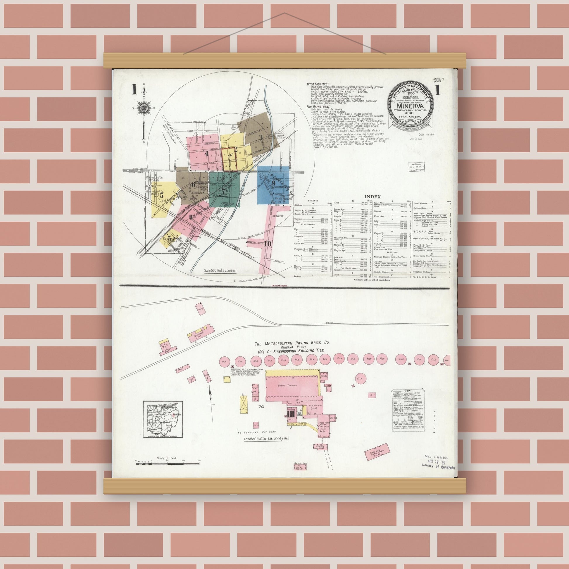 Old map wall art mockup — magnetic wood frame on brick wall — Sanborn Fire Insurance Map from Minerva, Stark And Carroll Counties, Ohio (1925), Sheet #0001