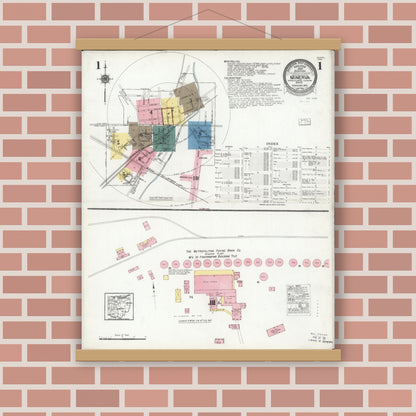 Old map wall art mockup — magnetic wood frame on brick wall — Sanborn Fire Insurance Map from Minerva, Stark And Carroll Counties, Ohio (1925), Sheet #0001