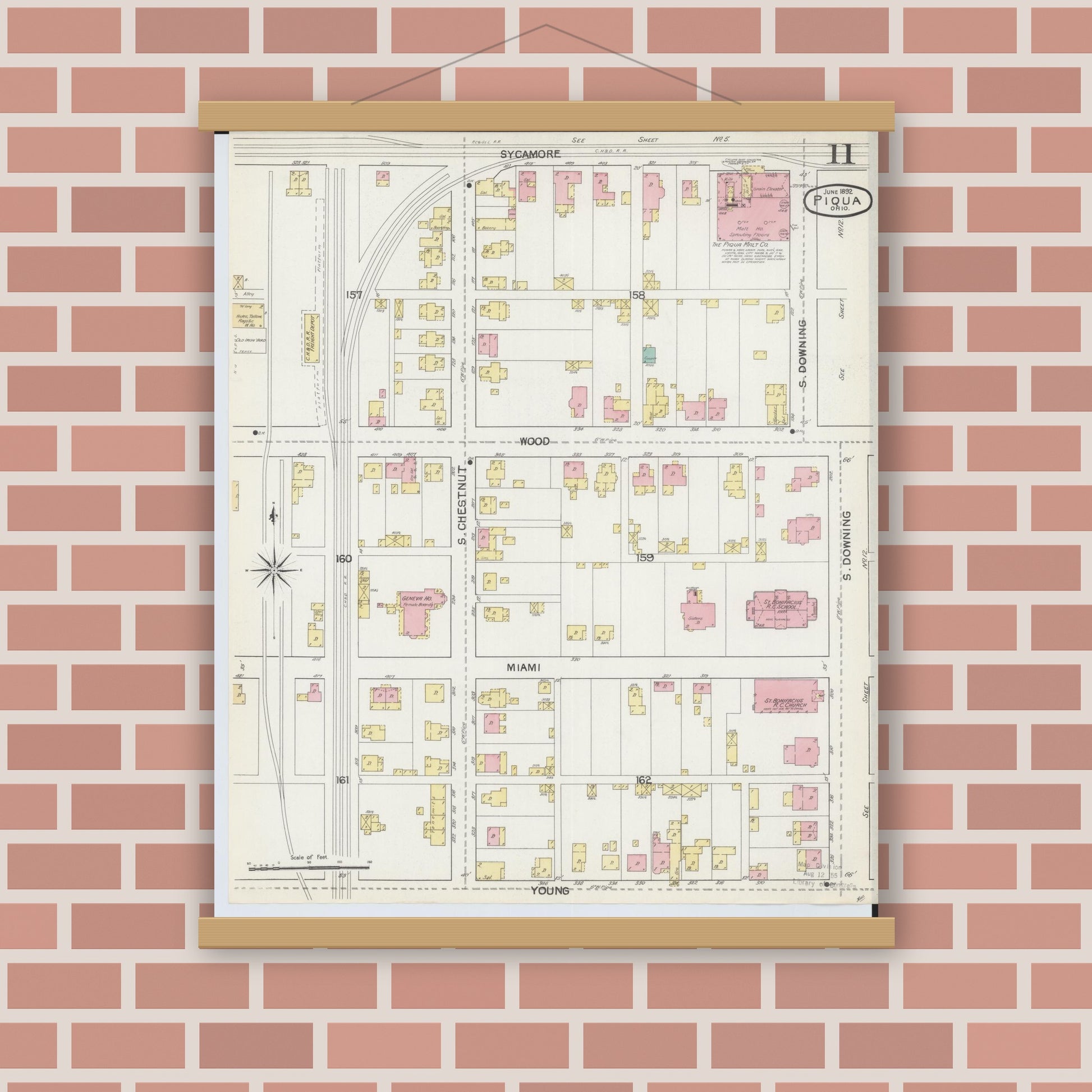 Old map wall art mockup — magnetic wood frame on brick wall — Sanborn Fire Insurance Map from Piqua, Miami County, Ohio (1892), Sheet #0011