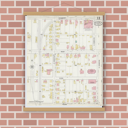 Old map wall art mockup — magnetic wood frame on brick wall — Sanborn Fire Insurance Map from Piqua, Miami County, Ohio (1892), Sheet #0011