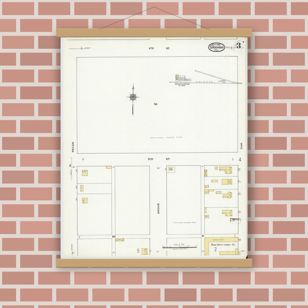 Old map wall art mockup — magnetic wood frame on brick wall — Sanborn Fire Insurance Map from Graham, Young County, Texas (1920), Sheet #0003